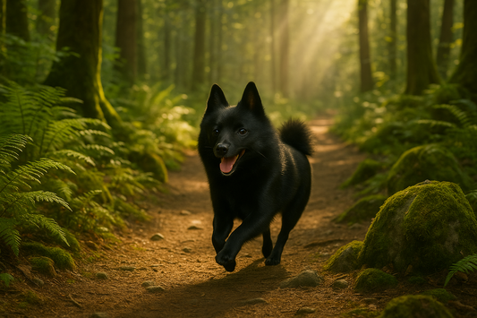 Schipperke noir courant joyeusement sur un sentier forestier ensoleillé