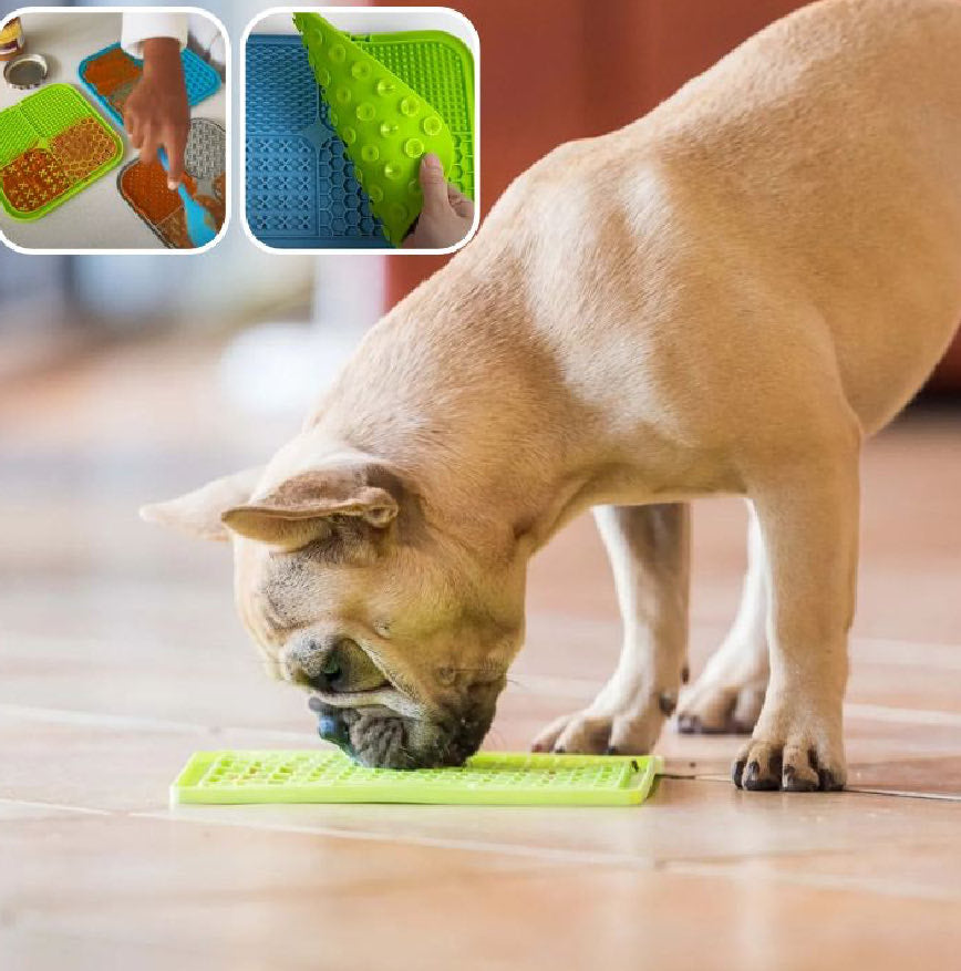 Vue en gros plan du tapis de lechage chien avec texture stimulante et aliments variés