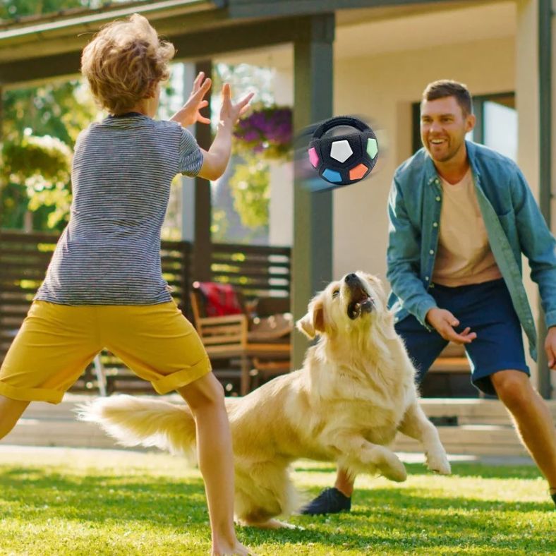 Famille heureuse jouant dehors avec leur chien et balle pour chien