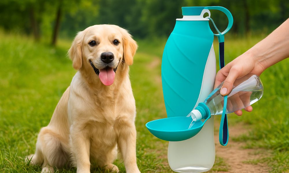 golden retriever buvant avec une gourde pour chien pratique en extérieur