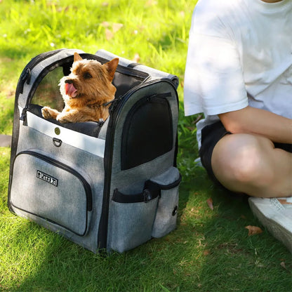 Personne assise dans l’herbe avec son chien dans le sac de transport pour chien