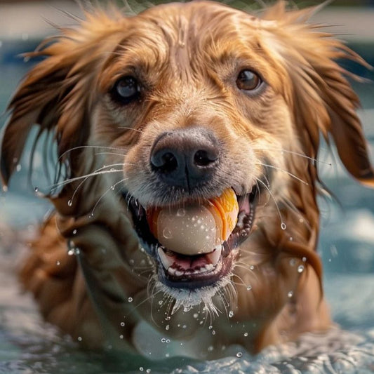 Chien dans une piscine tenant une balle pour chien phosphorescente dans la gueule