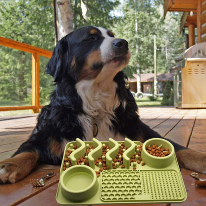 Chien détendu pendant son activité avec un tapis de léchage chien antidérapant