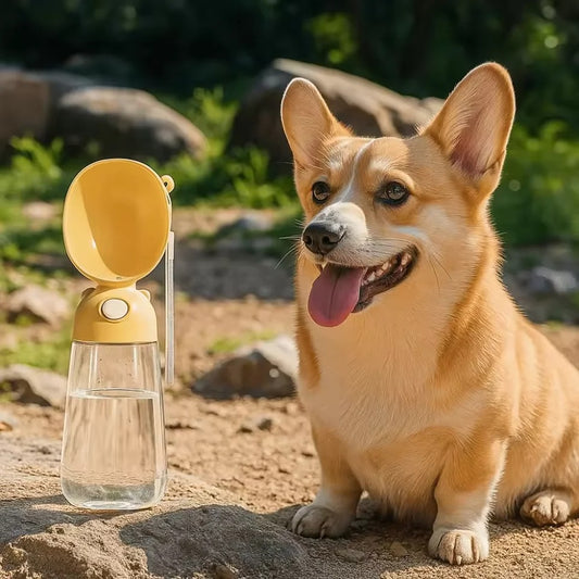 Corgi assis devant une gourde pour chien jaune extérieure